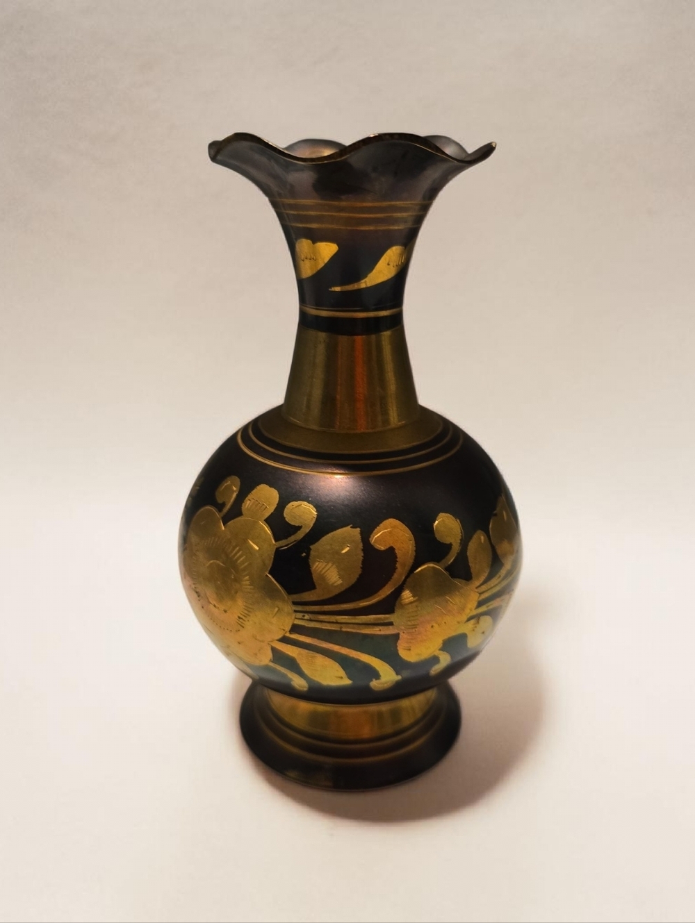 Ornate Vintage Brass Black and Gold Floral Decorative Vase - Picture 2 of 2